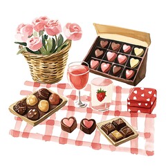 Romantic Watercolor Picnic with Chocolates and Roses.