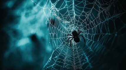 Close-up of a spider weaving its intricate web in a dark, atmospheric setting