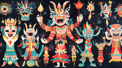 Vibrant traditional artwork, colorful deities in dynamic poses, showcasing cultural heritage, perfect for celebration themes.