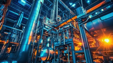 Fototapeta premium Industrial Facility with Complex Machinery and Bright Lighting