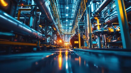 Naklejka premium Industrial Complex Interior with Pipes and Machinery in Bright Light