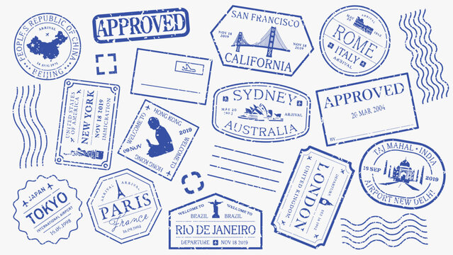 Set of 16 blue stamp designs, featuring various shapes like circles, stars, and triangles. Each stamp design is unique, with blue outlines and patterns. Blue blank stamps, vector set.