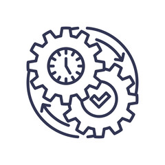 Gears with clock and checkmark symbolize timing and synchronization.