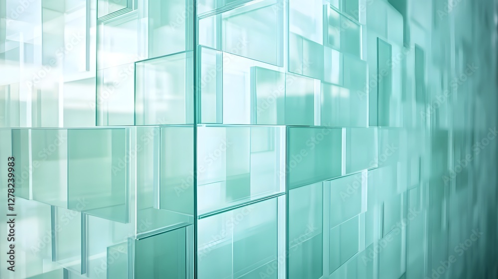Poster Minimalist architectural background with a glass wall featuring geometric patterns transparent reflections and a striking turquoise color palette  This modern and clean design creates a sophisticated