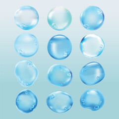 Floating blue bubbles on a light blue background. Bubbles of various sizes, blue bubbles, light blue, floating bubbles, blue bubbles, transparent spheres. Soap bubble element vector set.