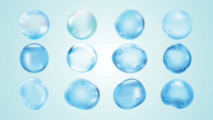 Floating blue bubbles on a light blue background. Bubbles of various sizes, blue bubbles, light blue, floating bubbles, blue bubbles, transparent spheres. Soap bubble element vector set.