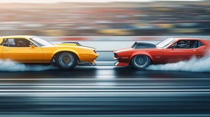 Drag racing car racing against another vehicle at full speed. Featuring competition and power