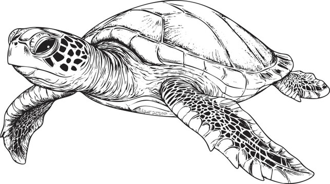 Detailed black and white line drawing of a sea turtle illustration.