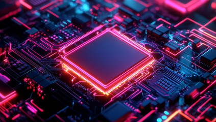 Obraz premium Abstract circuit board with neon glowing elements and vibrant