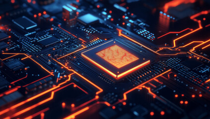 Fototapeta premium High tech circuit board with glowing neon elements and details