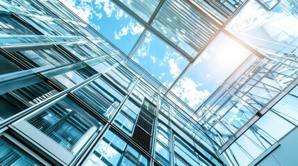 Obraz premium Glass Facade of Modern Building Under Bright Blue Sky and Clouds
