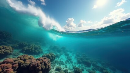 Naklejka premium Underwater view of coral reef beneath ocean waves with sunlight filtering through clear water 