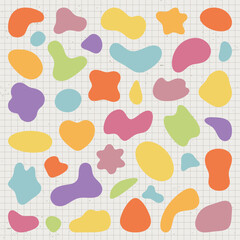 Colorful abstract shapes on a grid background. Abstract shapes in pink, yellow, blue, and green. Playful and vibrant abstract shapes for creative designs. Pastel shapes, vector element set.