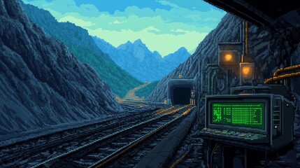 A pixel art scene depicting a train tunnel surrounded by mountains with a control panel nearby