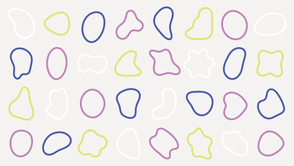 Abstract pattern with colorful outlines. Curved shapes in pink, blue, yellow, and white. Playful, abstract, and colorful design with outlines. Colorful shapes, vector element set.