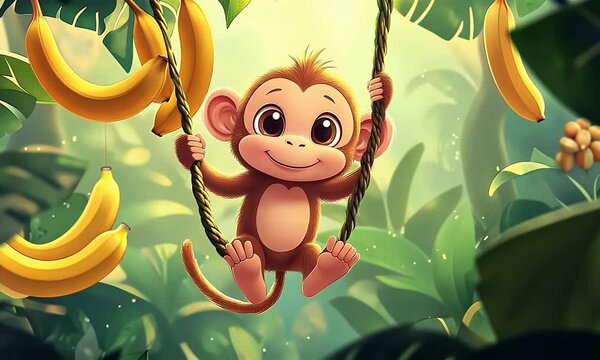 Cute monkey swinging, banana jungle, vibrant background, kids' book illustration