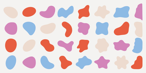 Colorful abstract shapes in various colors like pink, green, and orange. Abstract shapes create a playful, vibrant pattern. Abstract shapes add creativity. Colorful shapes, vector element set.