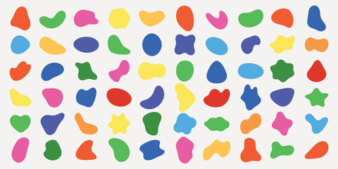 Colorful abstract shapes in various colors like pink, green, and orange. Abstract shapes create a playful, vibrant pattern. Abstract shapes add creativity. Colorful shapes, vector element set.