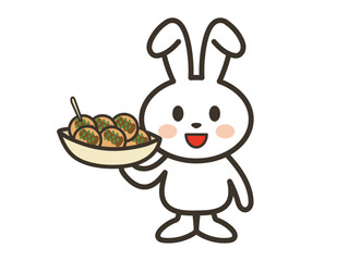 たこ焼きを持つかわいい白いうさぎさんのイラスト