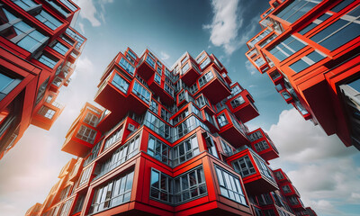 Hohe Häuser mit vielen Fenstern Stil mit Blick nach oben, Perspektive, copy space, rot