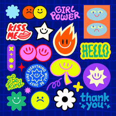Colorful stickers with smiley faces, hearts, and positive words Bright smiley faces and hearts in purple, green, and yellow Good vibes and smiley designs Funky stickers, vector set
