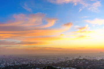 Griffith Observatory View of Stunning Sunset Over Los Angeles Cityscape