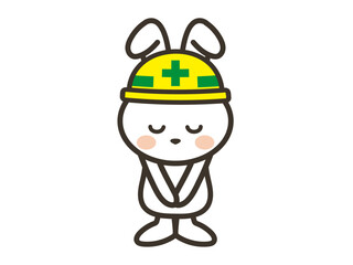 頭を下げて謝る工事現場のかわいい白いうさぎさんイラスト