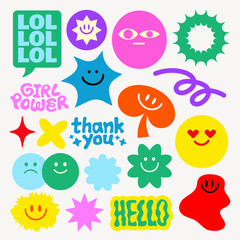 Colorful stickers with smiley faces, hearts, and positive words Bright smiley faces and hearts in purple, green, and yellow Good vibes and smiley designs Funky stickers, vector set