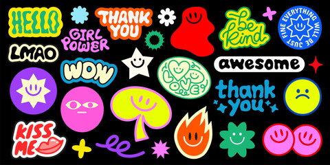 Colorful stickers with smiley faces, hearts, and positive words Bright smiley faces and hearts in purple, green, and yellow Good vibes and smiley designs Funky stickers, vector set