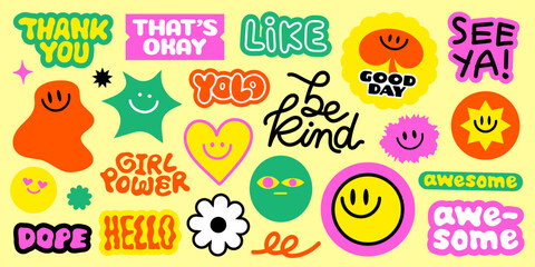 Fototapeta premium Colorful stickers with smiley faces, hearts, and positive words Bright smiley faces and hearts in purple, green, and yellow Good vibes and smiley designs Funky stickers, vector set