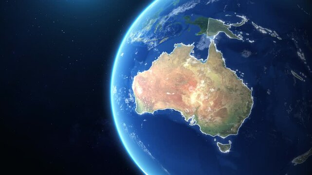 Zooming Earth to Oceania with Glowing Map Outline Animation. 