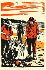 Community members work together to clean the beach on a bright sunset evening by the shore