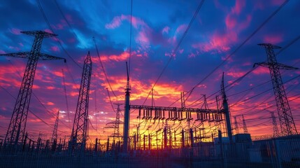 Vibrant Sunset Over Power Lines and Electrical Transmission Station