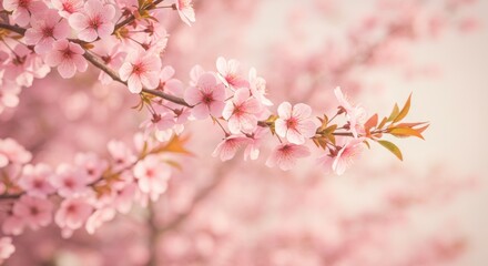 Delicate blooming cherry blossom tree with soft pastel pink petals in an elegant nature-inspired composition