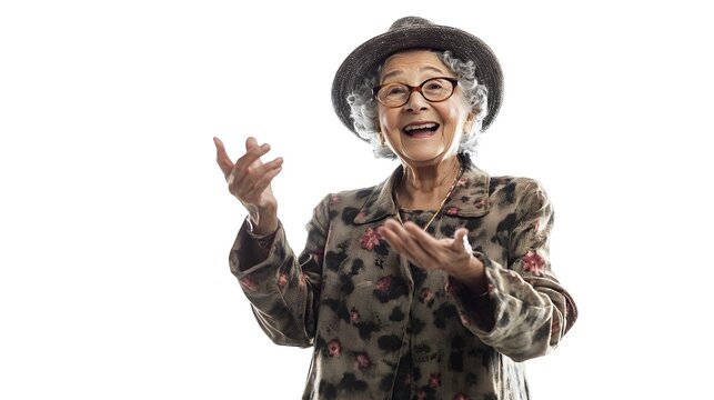Portrait of a cheerful energetic and spirited elderly woman with a gleaming beaming smile expressing pure joy and excitement  The senior female is radiating positive lively and ebullient emotions