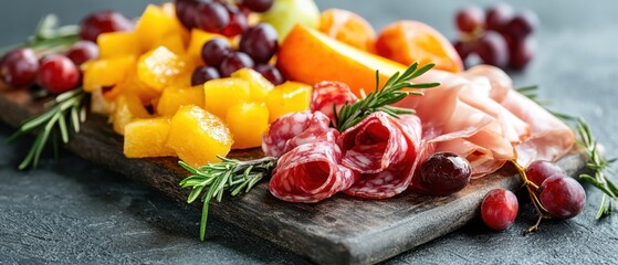 Exquisite Charcuterie Board Displaying an Array of Cured Meats Cheeses and Fresh Fruits on Rustic Surface Capturing Culinary Elegance