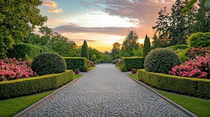 Tranquil Garden Pathway Under Beautiful Sunset Sky