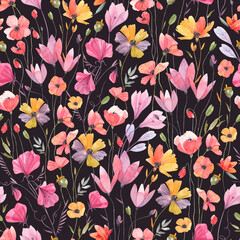 Botanical seamless pattern with abstract wildflowers on a dark background. Isolated watercolor illustration for floral textile, background, design wallpaper, fabric or wrapping paper.