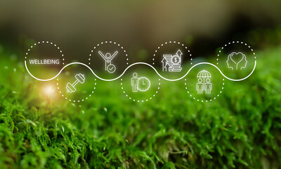 Employee wellbeing concept. Greenery background with physical, mental, emotional health icons. Creating employee benefits, satisfaction programs. Fostering positive work culture, employee engagement.