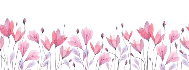 Floral seamless border with delicate abstract flowers. Isolated watercolor illustration for cover, background, invitation or greeting cards, decorative pattern.