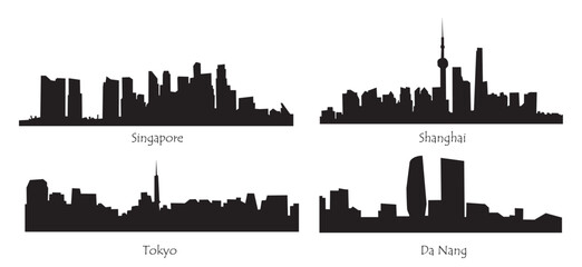 Skyline silhouettes of modern asian cities including Singapore, Shanghai, Tokyo, D Nang. Cityscape black flat vector illustrations isolated on transparent background