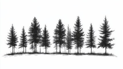 Fototapeta premium An evocative black-and-white illustration depicts a serene line of tall, slender trees. Realistic detailing and intricate shading enhance their majestic presence, creating an elegant forest tableau