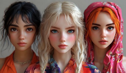 Obraz premium Three People with Unique Hairstyles and Colorful Scarves