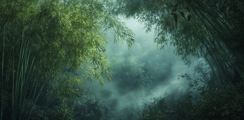 Lush bamboo forest with misty atmosphere and vibrant greenery