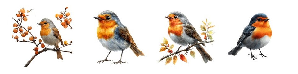 Fototapeta premium Set of beautiful watercolor robin bird on branch with berries, isolated on transparent background