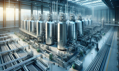 Obraz premium Industrieanlage, Wasserstoffkraftwerk, große Stahltanks und Rohre, Saubere H2-Energie, Abfüllanlage