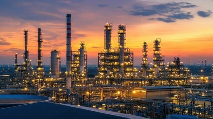 Obraz premium Industrial complex at sunset with illuminated towers and equipment