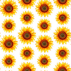 Bright yellow sunflowers on a crisp white background create a fresh and elegant seamless pattern. Perfect for textiles, wallpapers, packaging, and decor.