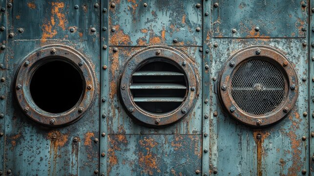 Rusty Metal Panels with Circular Vents and Corroded Texture Design