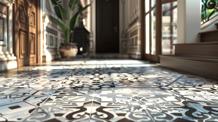 Obraz premium Intricate patterned tiles in a bright hallway with natural light streaming through large windows.
